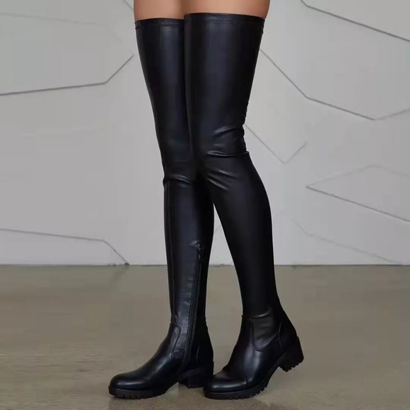 Black Over-the-Knee Block Heels Boots - Picture 1 of 3